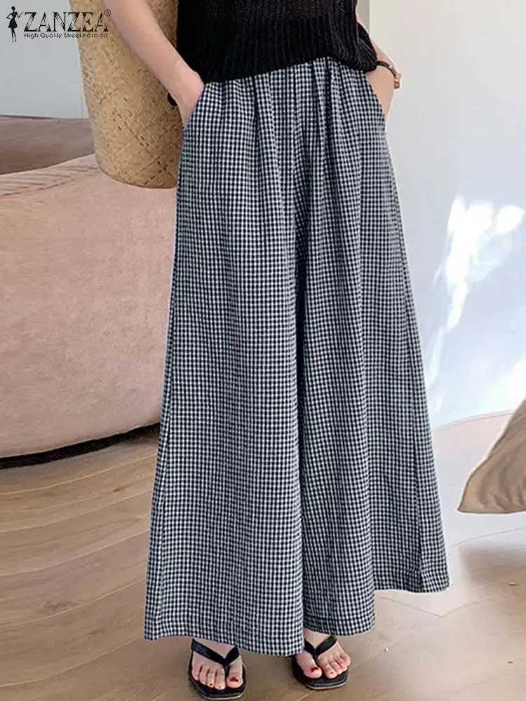 Vintage plaid pants ZANZEA womens fashionable wide leg pants Ele high waisted office clothes casual loose mesh pants oversizedXJ250403