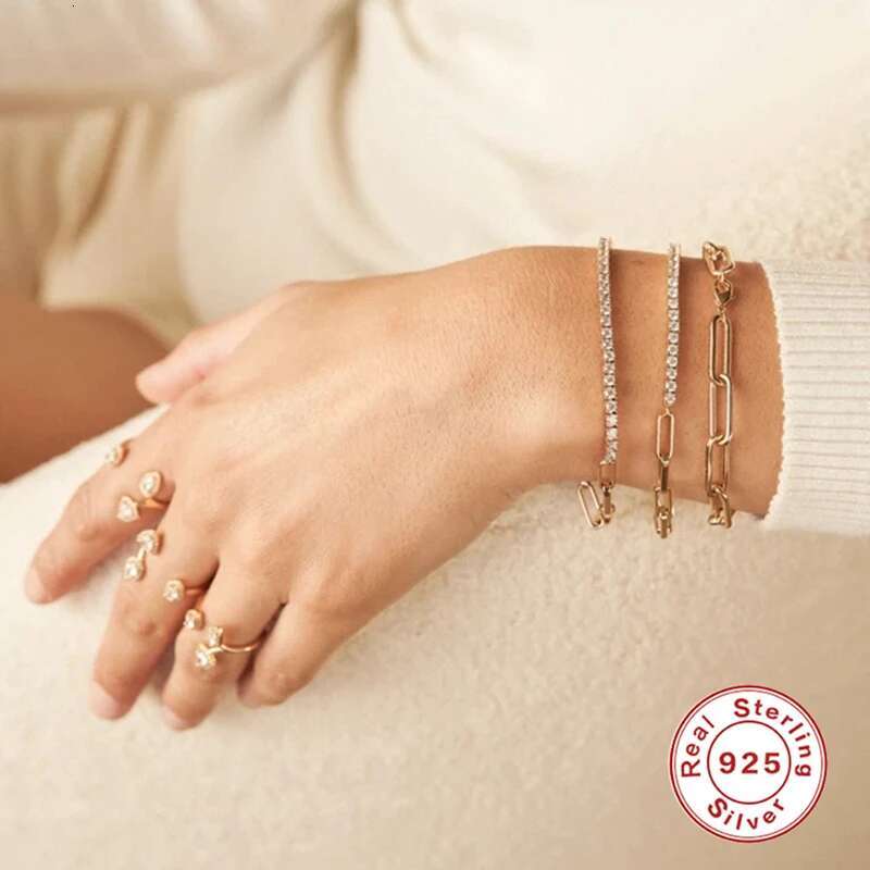 LENNIK Cubic Zirconia 18K Gold Color Tennis Bracelet For Women Girls 925 Sterling Silver Trend Chain Bracelet Jewelry Party Gift