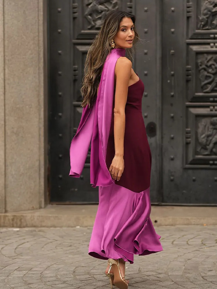 strapless satin patch with scarf long skirt womens shoulder sloping collar ultrathin dress party club Vestdos 250409