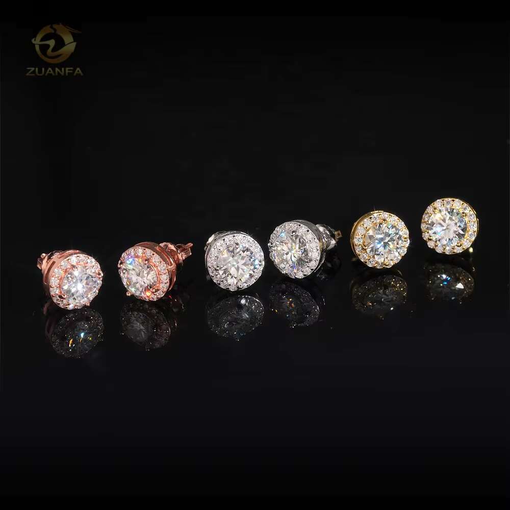 Fine Jewelry Halo 1ct Center Diamond Pass Test 925 Sterling Silver Moissanite Men Hip Hop Earrings