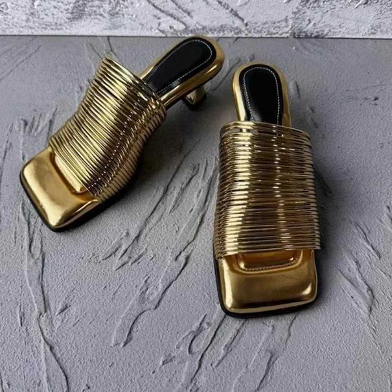 New Arrival Square Toe Stiletto High Heels Womens Summer Shiny Solid Color High Heels Casual Half Slip Shoes Womens Designer Sandals T250409