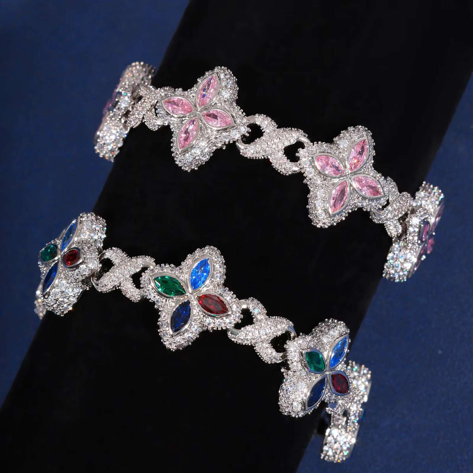 New Design Hip Hop Pink White Colorful CZ Clover Bracelet Necklace Brass Iced Out Flower 5A Zircon Diamond Cuban Chain
