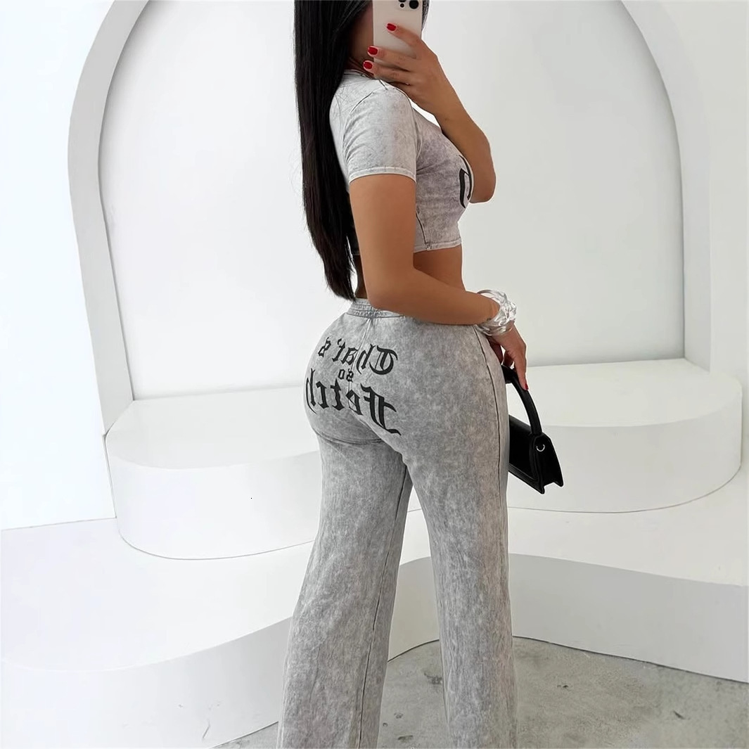 2025S Designer Women S Set New High Hiphop Solid Color Street Printed Short Sleeved Top Straight Pants Set For Women