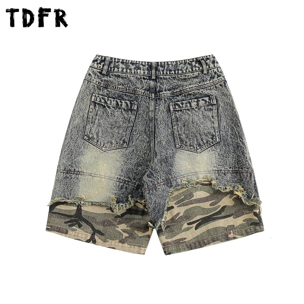 Camouflage patchwork denim shorts mens summer retro streetwear uncomfortable to wash loose wide leg 250409
