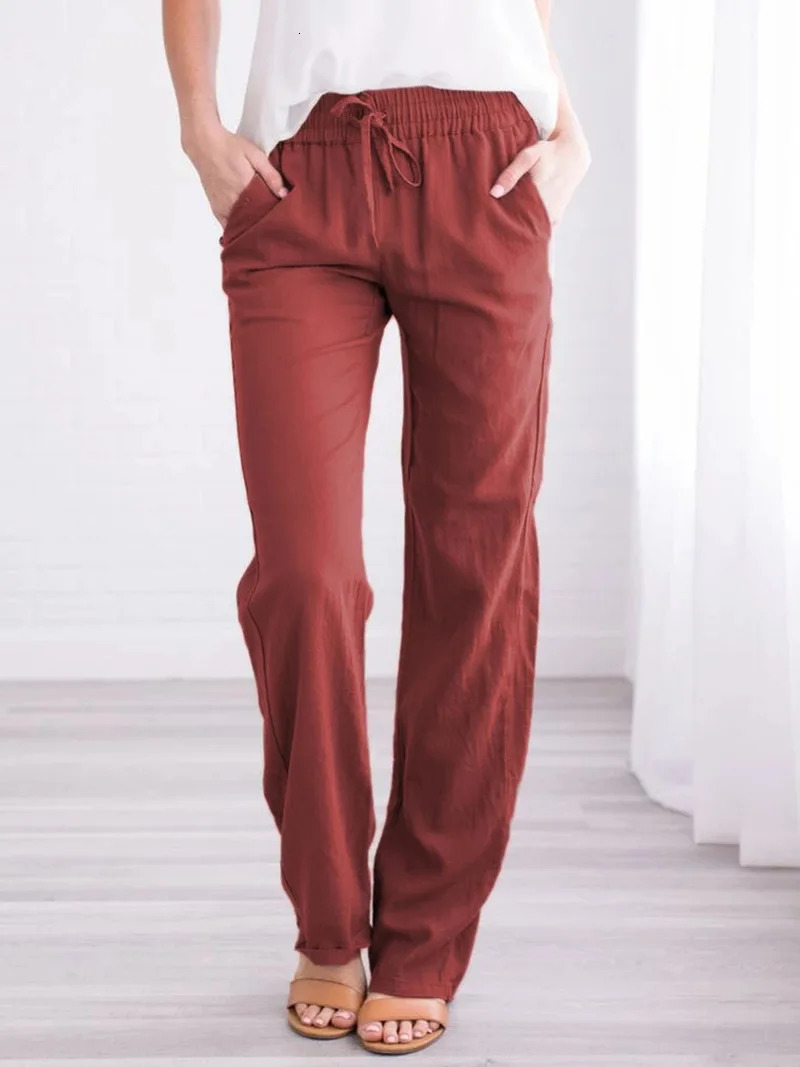 SpringSummer Womens European and American Solid Cotton Hemp Drawstring Loose Relaxed Wide Leg Pants 250409