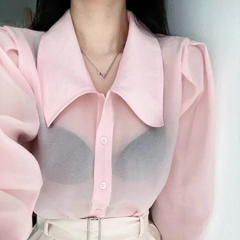 REALEFT SpringSummer Thin Womens Top Pink Long Sleeve Single Chest Solid Elegant Shirt 250409