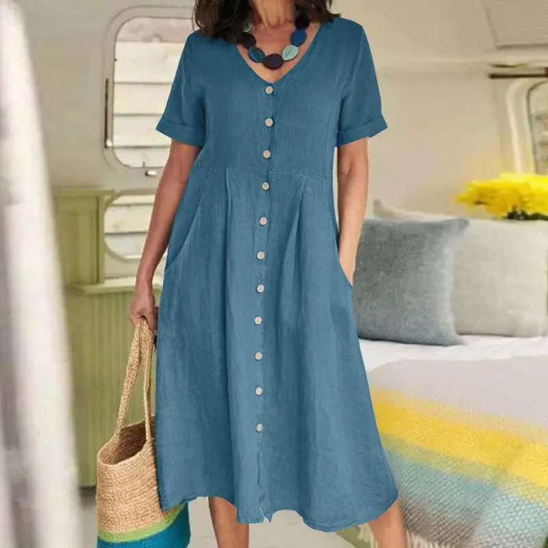 Fashion summer dress womens cotton linen sun skirt casual short sleeved vest high waisted 250409