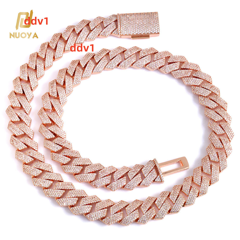 NUOYA Luxury Miami Cuban Link Chain Necklace 15mm 4 Row Width Iced Out with Moissanite Stones Prong Set Rose Gold Plated Hip Hop Jewelry
