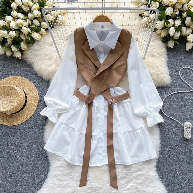 Korean style womens clothing springsummer long sleeved polo neck office ladies elegant twopiece shirt set 250409