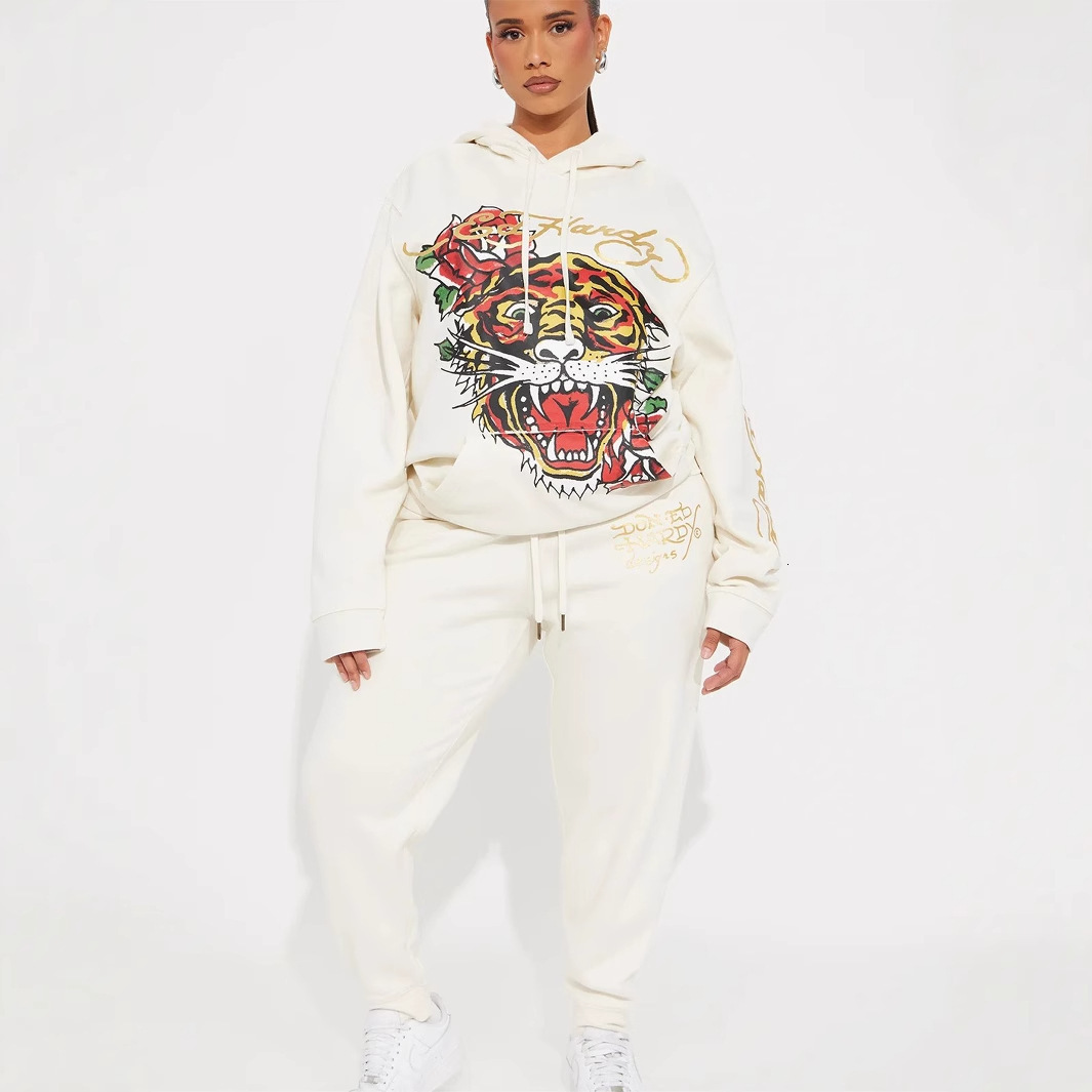 2025S Designer Women S Set New Fashionable Printed Casual Loose Sports Style Hooded Sweatshirt With Tie Up Pants Set For Women
