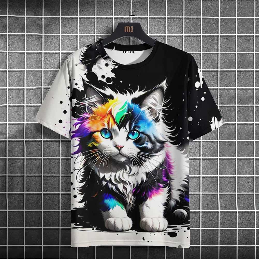 Cartoon animal mens T-shirt cute cat pattern printed T-shirt casual loose short sleeved T-shirt oversized mens clothing top summerXJ250409