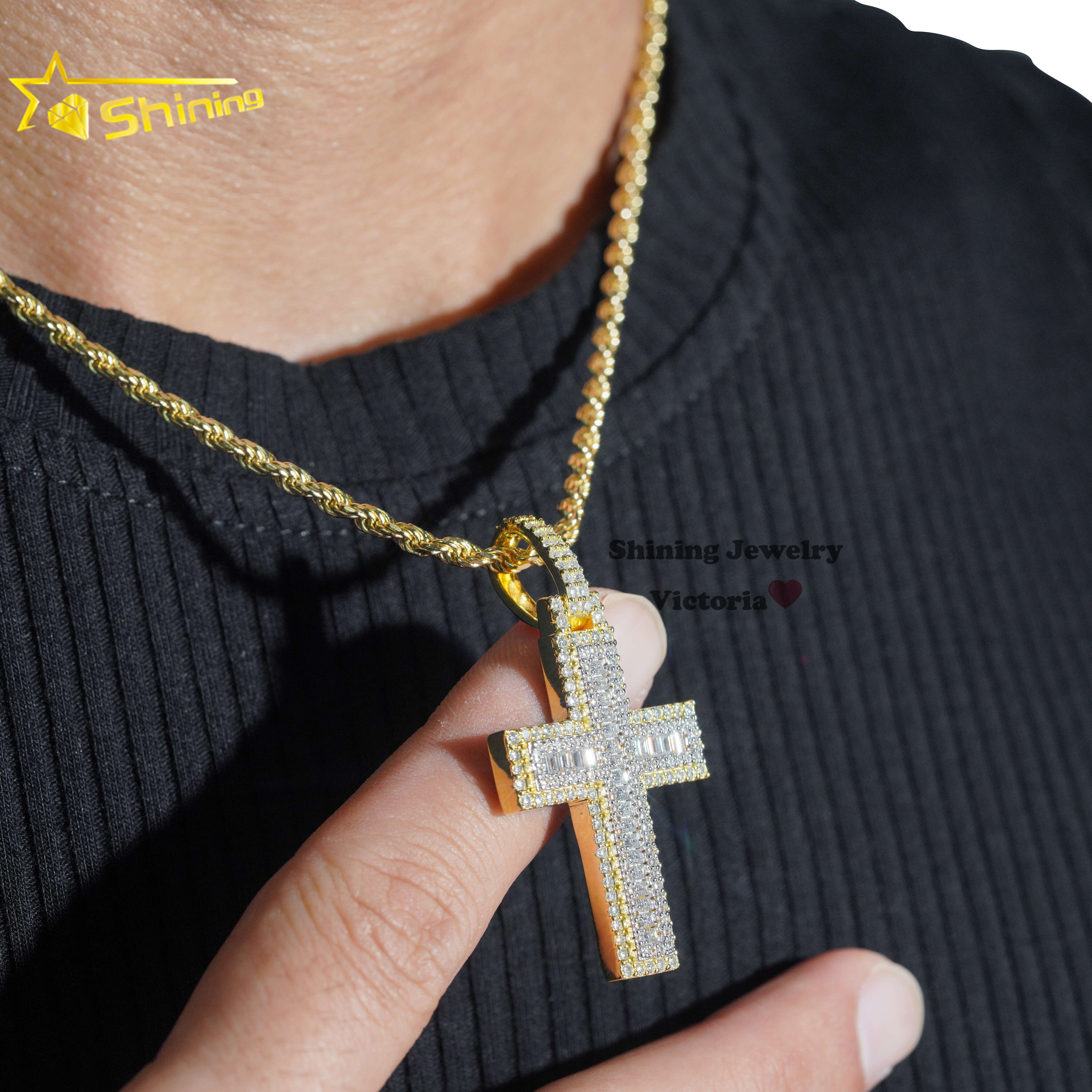 Custom Hip Hop Jewelry 925 Silver Yellow Gold Two Tone VVS Moissanite Diamond Baguette Cross Pendant for Men Women