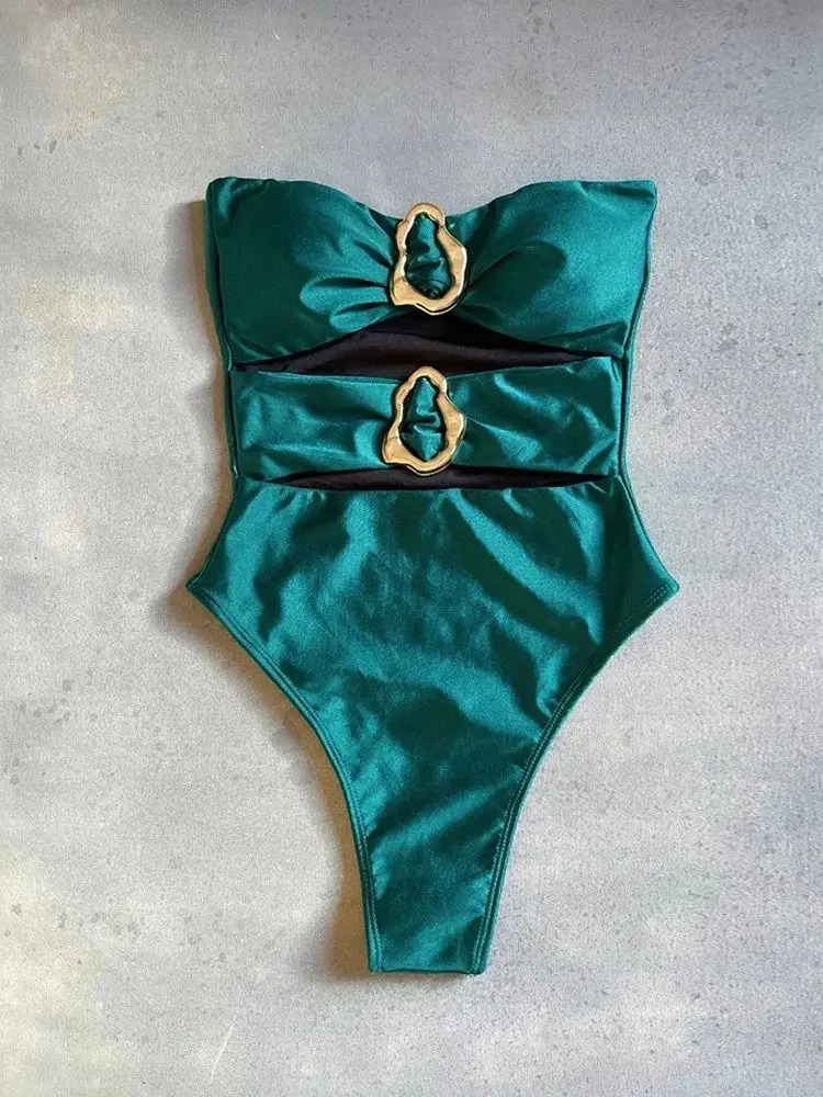 3color sexy metal ring cut womens onepiece swimsuit Bandeau long leg bathtub B026D 250409