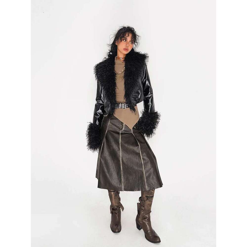 Autumn Winter Women Gothic Patchwork Faux Leather Cropped Jacket Haruku Grunge Y2k Streetwear Designer Coat Baddie Tide