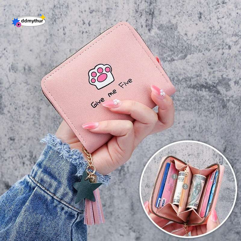 New Women's Fashion Short Casual Student Coin Purse Cute Cartoon Cat Paw Print Tassel Zipper Card Case Designer Wallet ddmythur