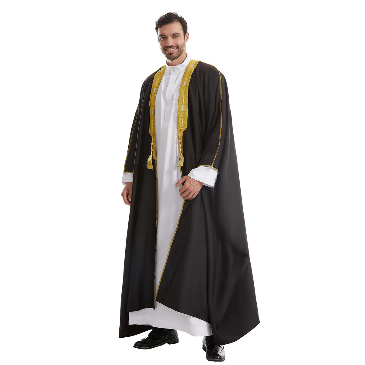 Mens long sleeved solid color tassel ed cardigan wool sweater Arab mens adult ankle length Bisht Eid al Fitr clothing 250409