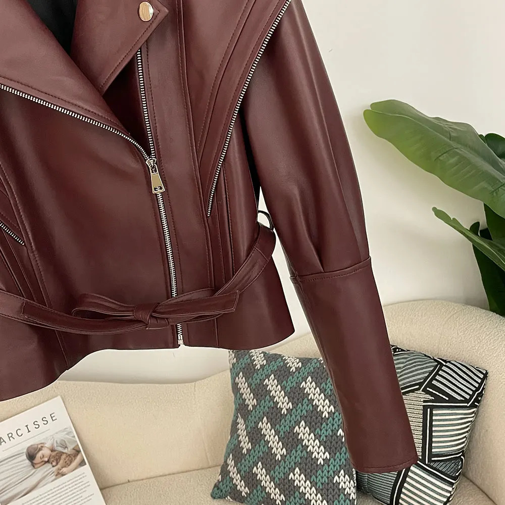 Elegant bicycle leather jacket spring genuine womens autumn shoulder n sheepskin 250409