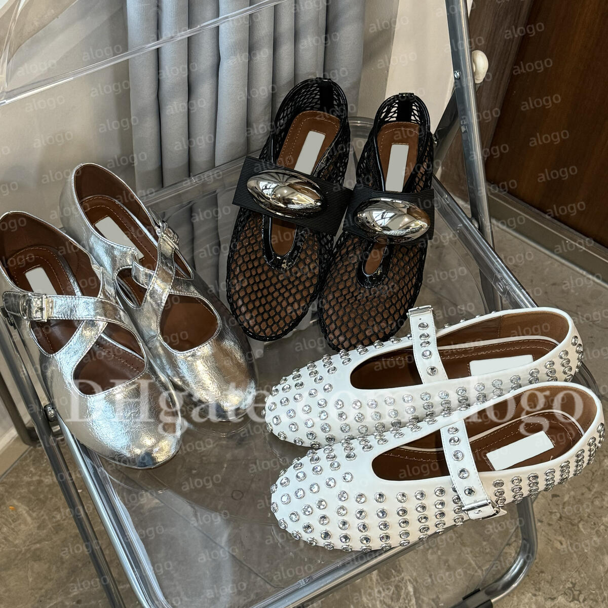 Designer Womens Ballet Flats Rhinestone Rivets Cut-Outs Mesh Mary Jane Shoes Real Flats Sandal Leather Round Toe Dance Classic Loafers Wedding Dress Shoes afa