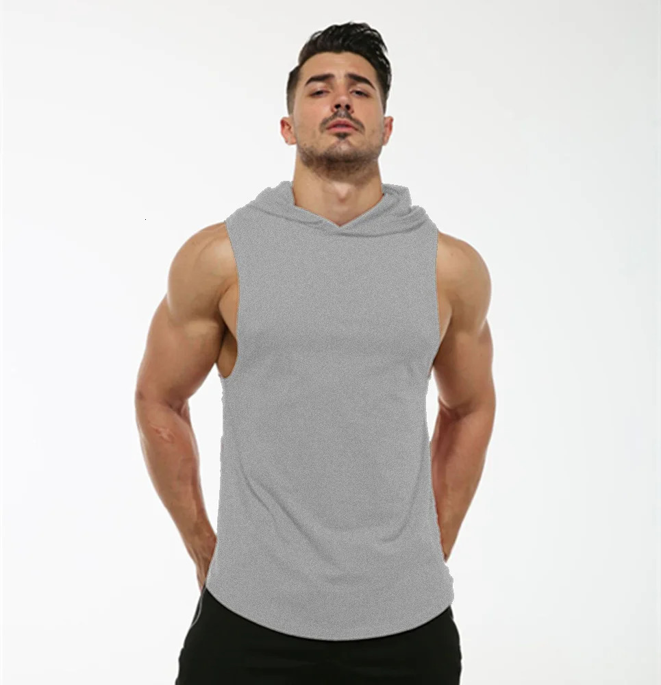 Fitness solid color 100% pure cotton vest mens fitness sports sleeveless hooded sweatshirt exercise Tshirt 250409