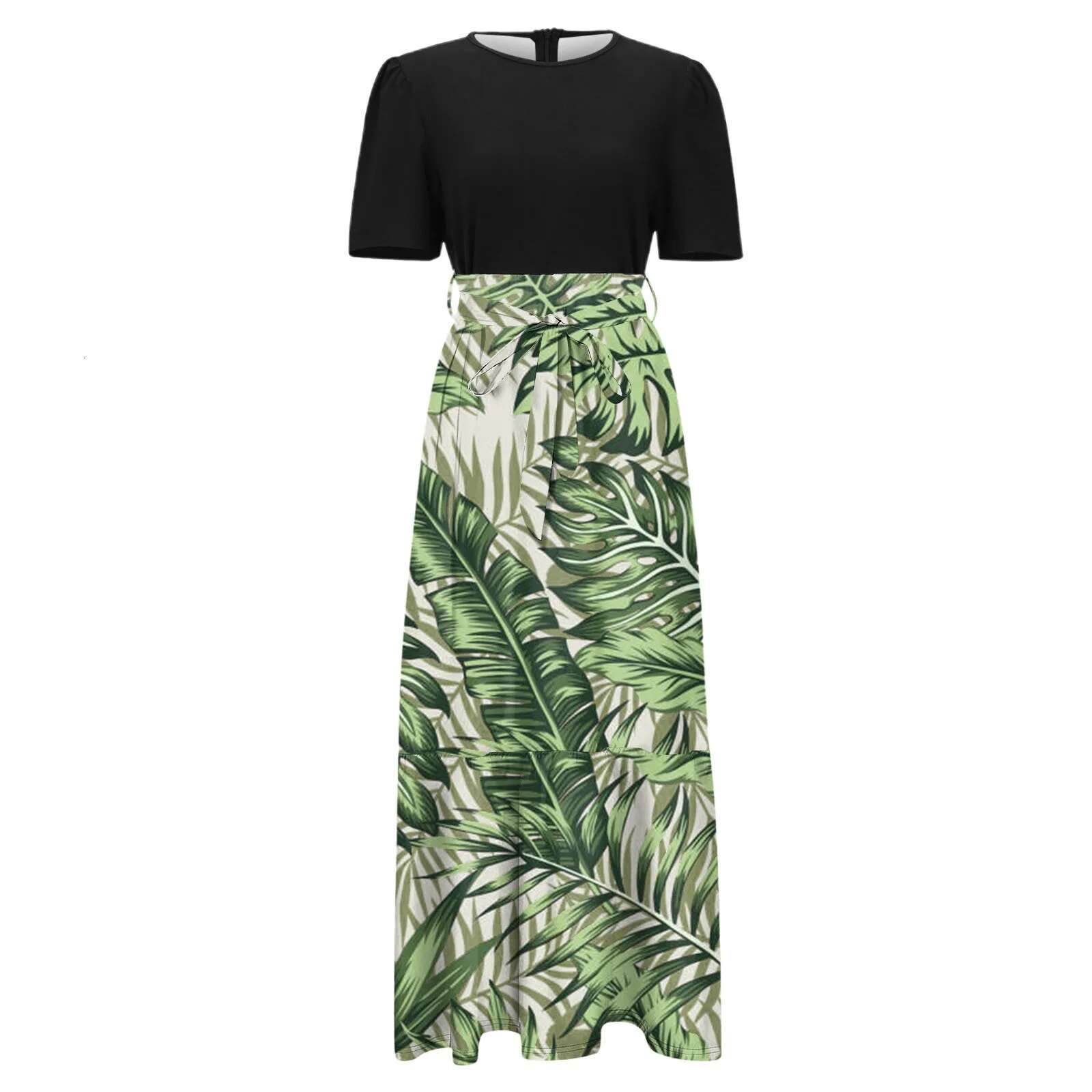 Dongdumaoyi Green Leaf Printed Short Dress For Women O Neck Sleeve Swing Sundress Bohemian Style Summer Beachwear Lady Robe