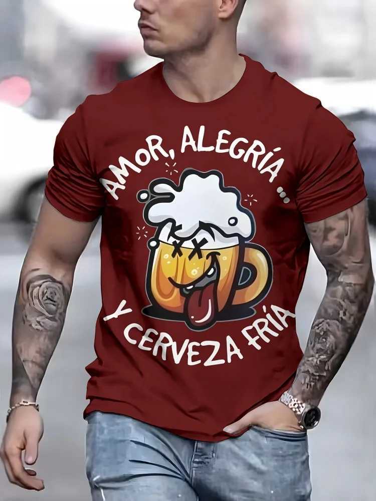 New Cartoon Beer Printed Mens T-shirt Street Style Mens City Fashion Short Sleeve Top Summer Casual Mens T-shirtXJ250409