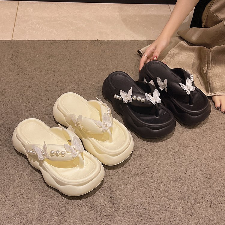 Women 2025 summer new fashion beauty beauty butterfly flip-flops pearl splint slippers Super soft comfortable home slippers