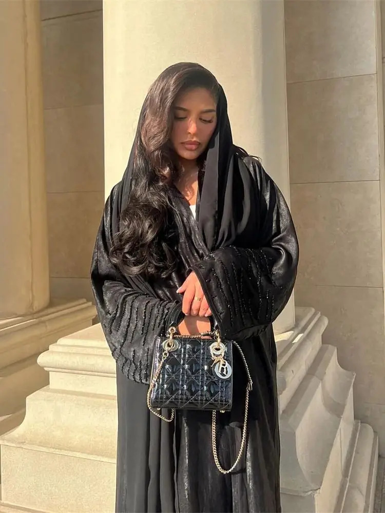 Shiny satin open kimono Abaya Dubai y Muslim Abayas Womens Kaftan Dress Islamic Clothing Musulmane Caftan 250409