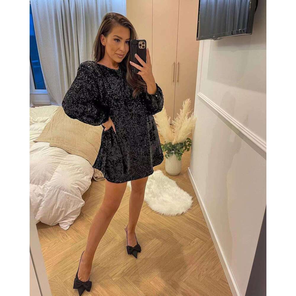Autumn Winter New 2025 Women's Round Neck Style Long Sleeve Loose Plus Size Sexy Sequin Short maxi Night club dress