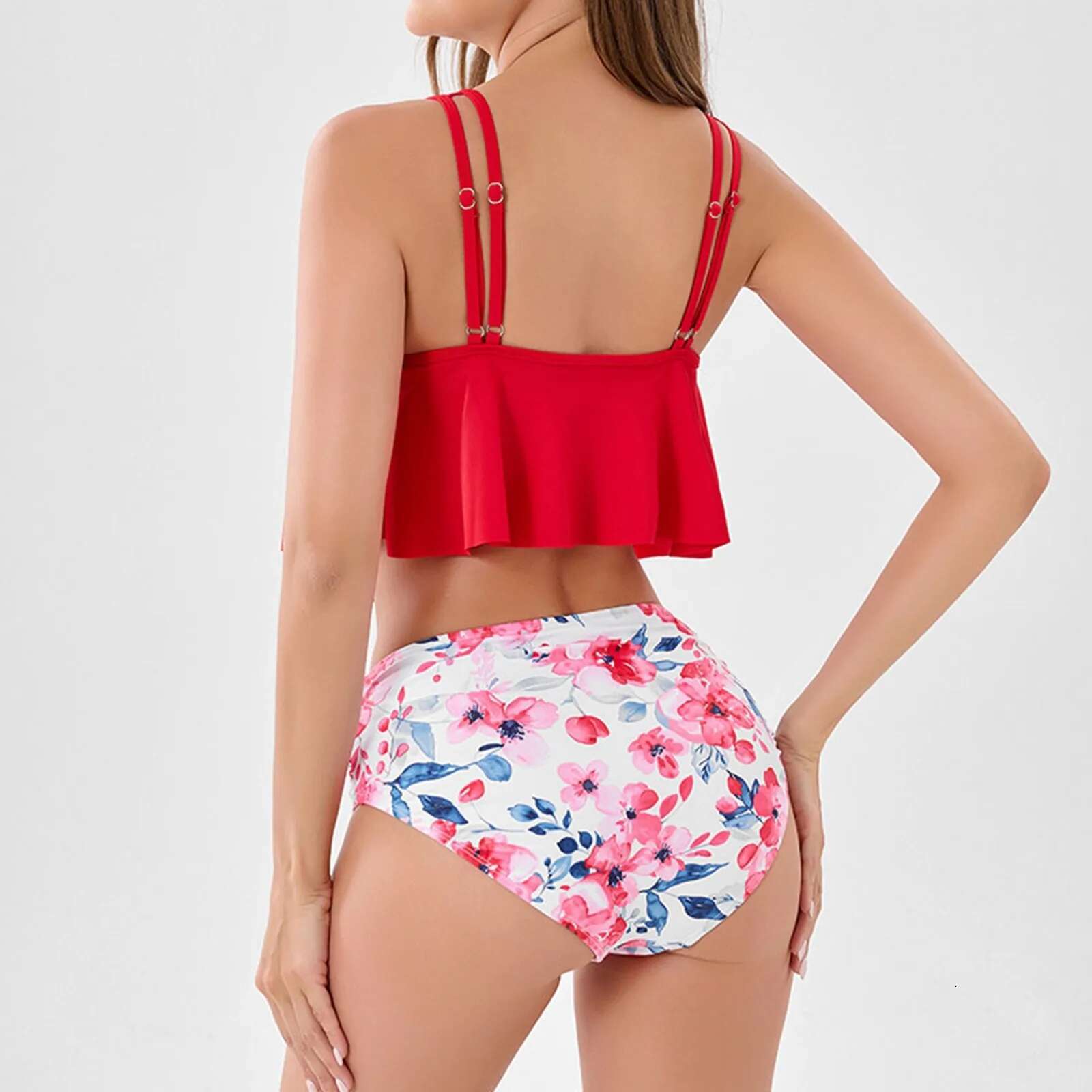 Dongdumaoyi Women S New Print Ruffled High Waisted Bikini Sexy Swimsuit Two Piece Bottom Cover Up Swimwear