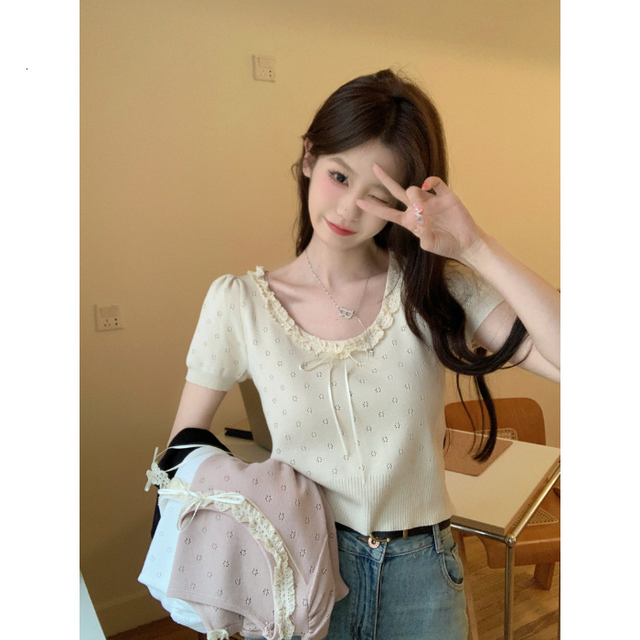2025S Designer Women S T Shirt Summer New Lace Hollow Bow Knitted Short Sleeved T Shirt For Women S Sweet And Slim Fit Student Top Trendy