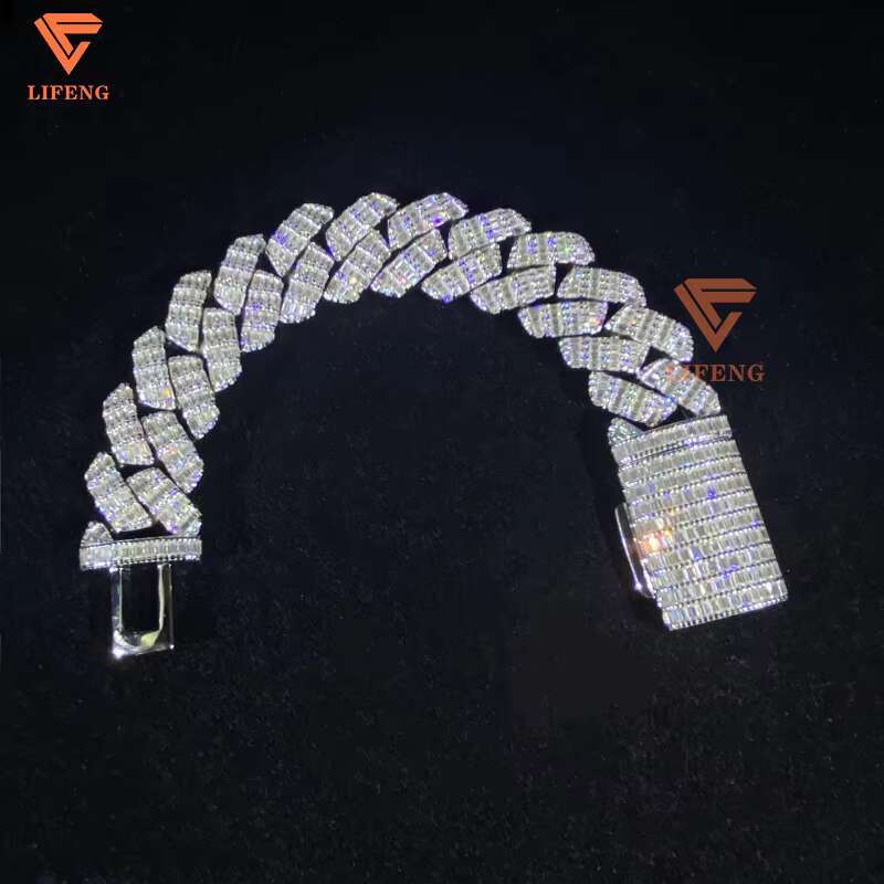 Hip Hop Jewelry Popular Special Design Buss Down 20MM Baguette Moissanite Diamond Cuban Link Bracelet for Men