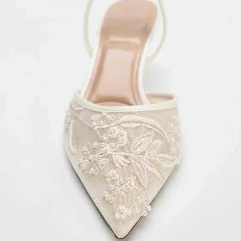 New Arrival Mesh Embroidered Flower Stiletto Sandals for Womens 2025 Summer Sexy Bounce Back Corner Toe Pump Dress Sandalia De Mujer T250409