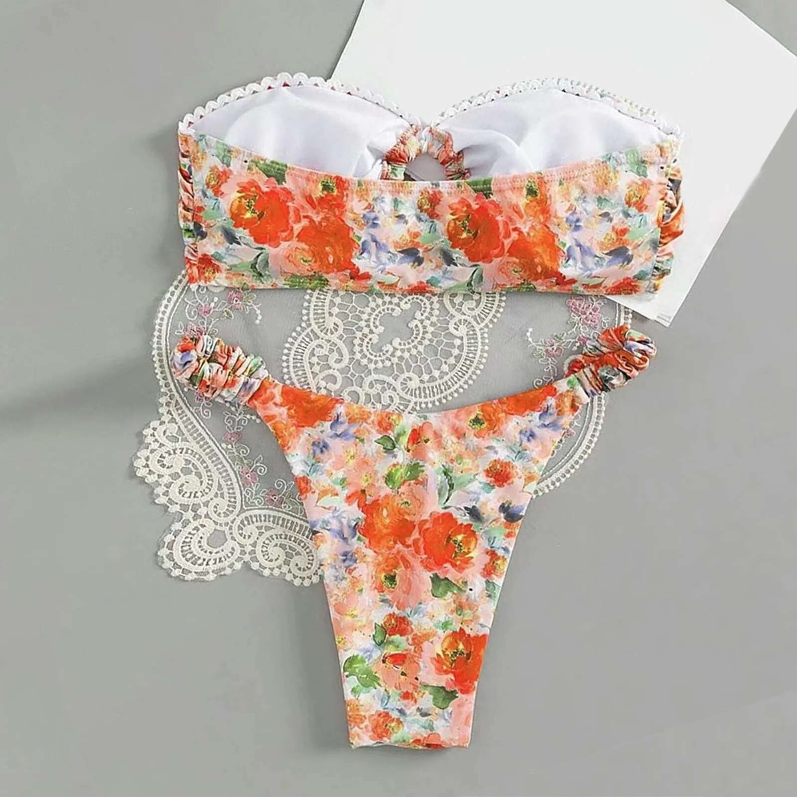 Dongdumaoyi New Women Sexy Bandeau Bikini Set Micro Bathing Suits Swimwear Thong Swimsuit Two Pieces Swimming Beachwear Flower Biquini