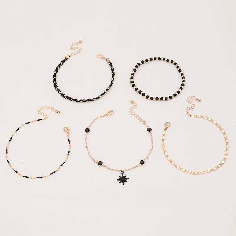 4-5pcs/Set Bohemian Woven Rope Foot Chain for Men and Women Geometric Alloy Black Beads Dropping Oil Anklet Set Z250408