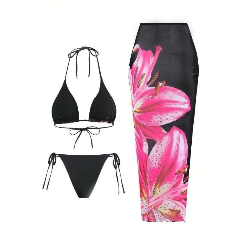 New Bikini Shirt Jacket Sexy Lily Printed Swimsuit Three-Piece Set