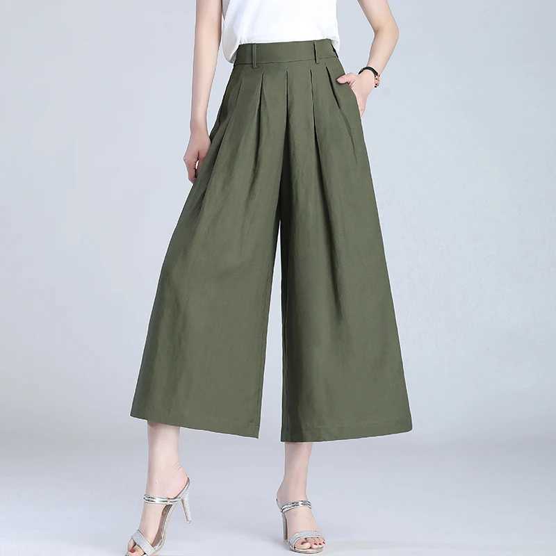 Linen nine point wide leg pants for women in spring 2024 thin pants leather high waisted eight point pants casual loose pants cotton linenXJ250403