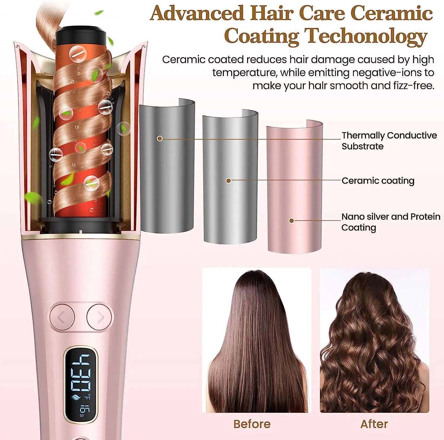 Automatic Curler Wand With 4 Temperatures 3 Timers & LCD Display Curg Iron Dual Voltage Hair Styg