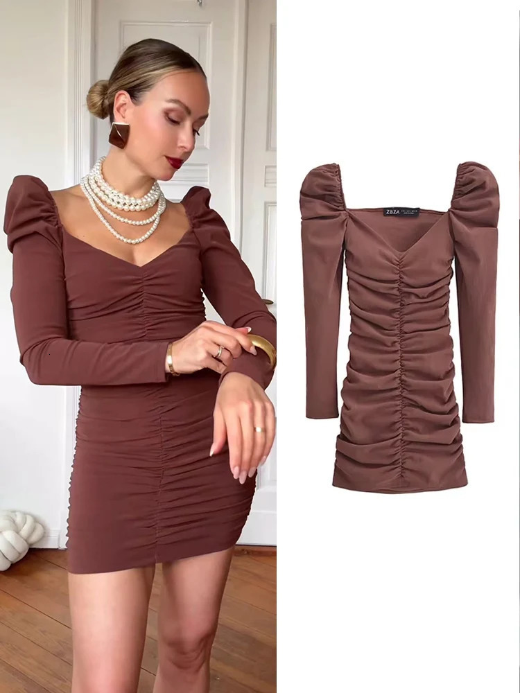 TFMLN Fashion Womens Solid Fold Mini Dress Elegant Square Collar Long Sleeve Folding Party Unique and Exquisite 250409