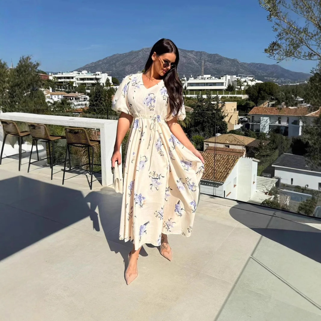 Elegant floral print bohemian dress sexy deep Vneck lace long womens casual puff sleeves high waisted party 250409