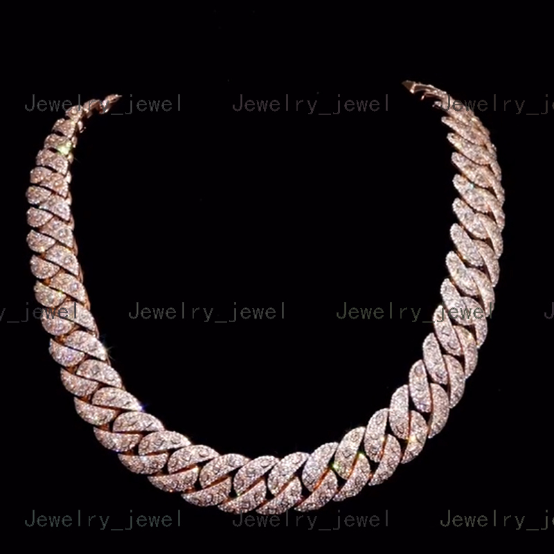 Luxury Custom Moissanite 18mm Cuban Chain 925 Sterling Silver Rose Gold Plated GRA Moissanite Cuban Link Chain Necklace Bracelet