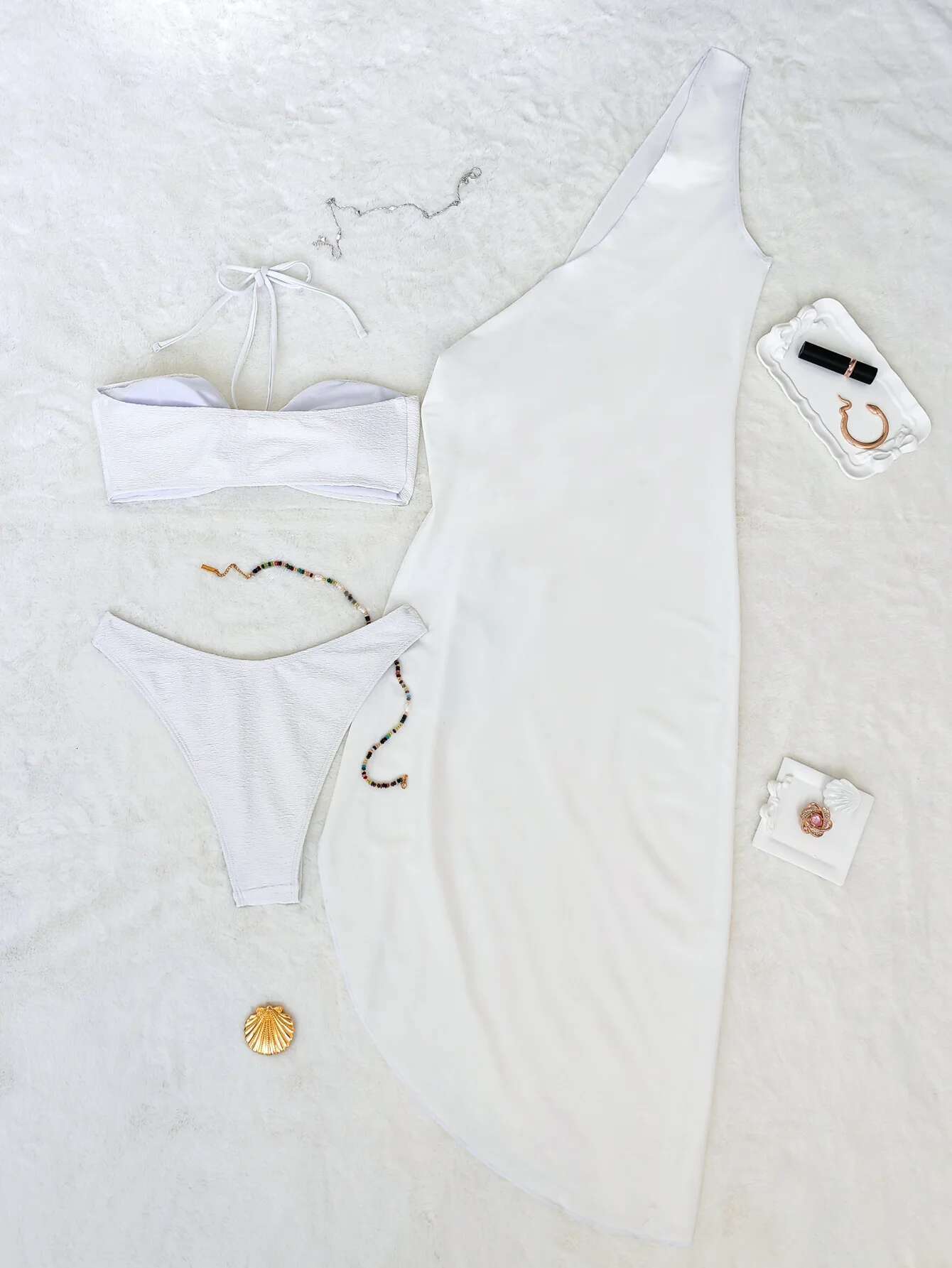 Three-piece Swimsuit New Bikini Sexy Solid Color Split Strapless One-shoulder Cover Shirt