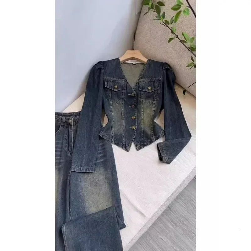 Autumn Collection Matching Streetwear Blue Denim Two Piece Suit Pants Womens Clothing Initial Arrival 250409