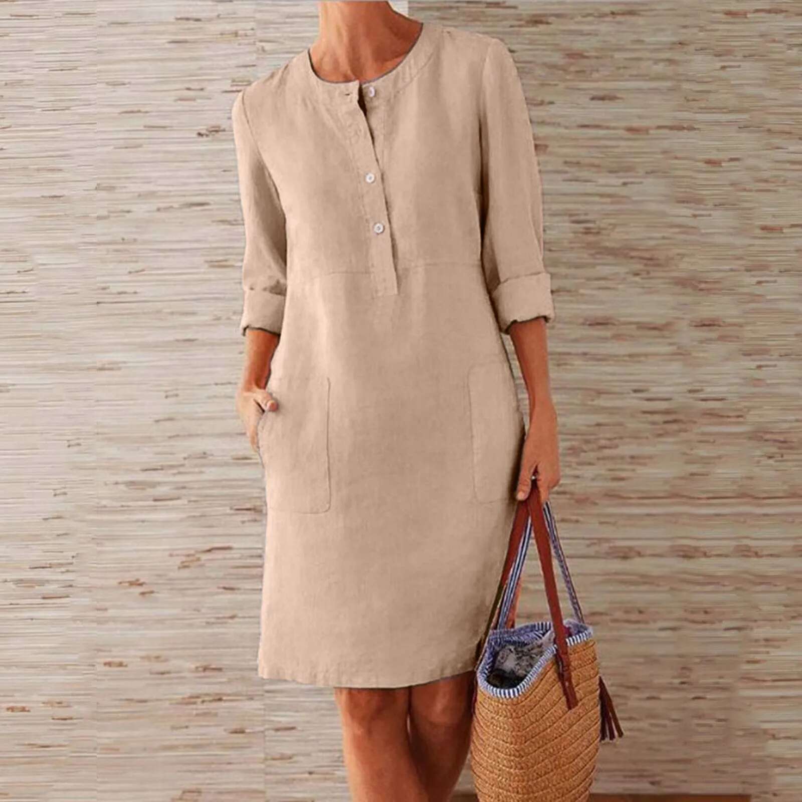 Dongdumaoyi Round Neck Women S Knee Length With Buttons Casual Dress Ladies Loose Elegant Half Sleeve Boho Cotton Linen