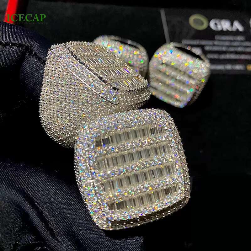 Iced Out Hip Hop Jewelry Baguette Cut VVS Moissanite Ring 925 Silver White Gold Plated Men Women Ring