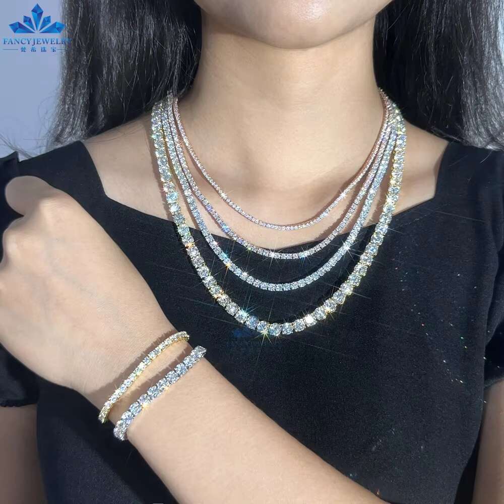 Factory Direct Sales Hip Hop Gra VVS Moissanite Chain 925 Sterling Silver 3mm 4mm 5mm Tennis Chain Moissanite Necklace Bracelet