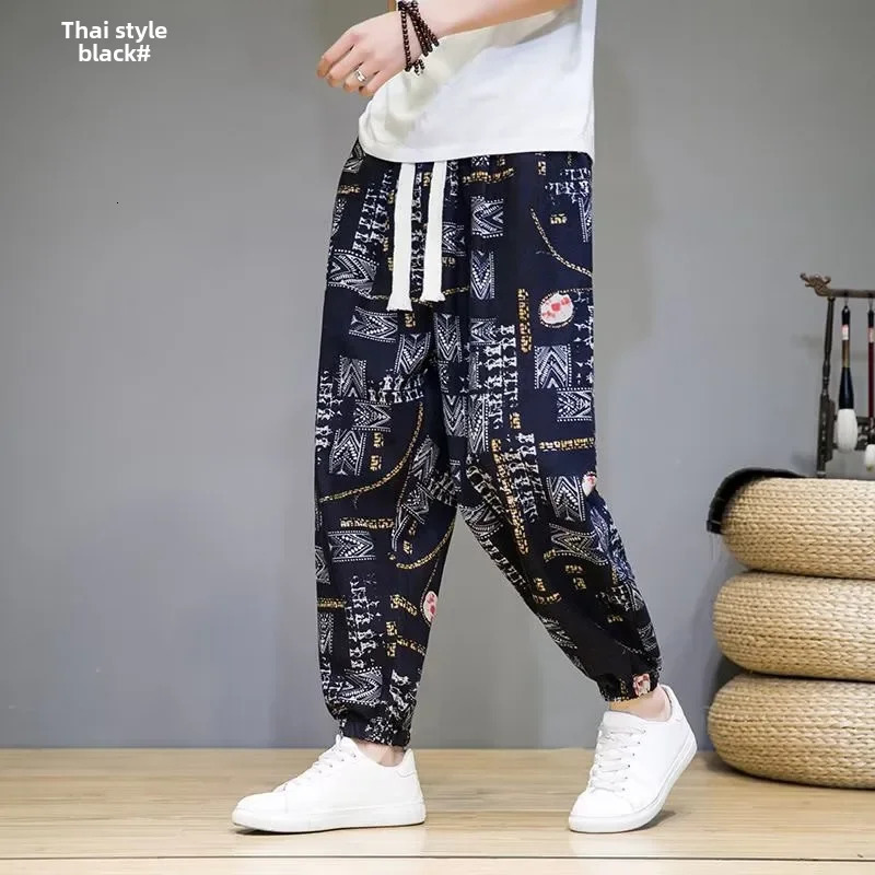 Mens Bloomers Casual Harajuku Style Loose Fit Hemp Vintage Printing Pants Cropped For Spring Autumn 250408