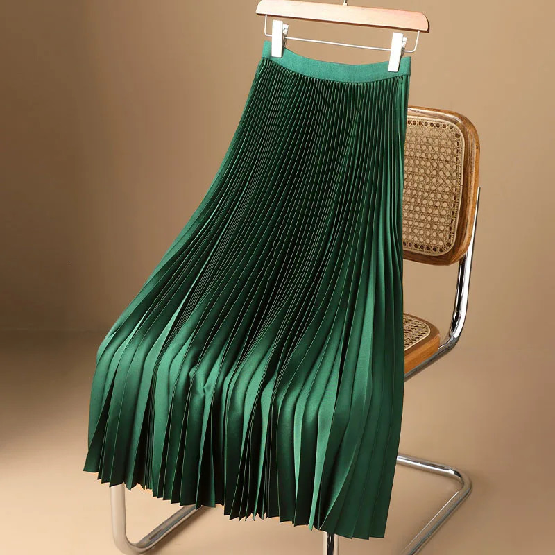 Women Vintage Midi Skirt Wide Elastic Waistband High Waist Pleated A-Line Skirt Summer Solid Color Smooth Satin Long Skirts 250409