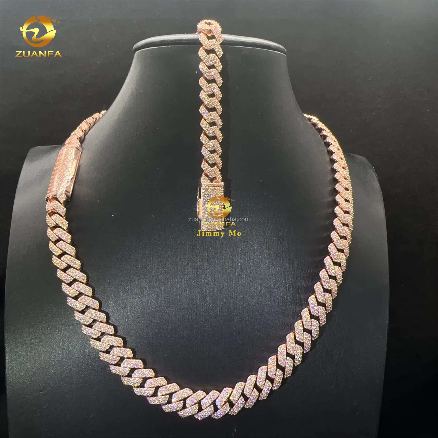 Customized Rose Gold Plated Box 925 Solid Silver 12mm Two Rows Iced Out Hip Hop VVS1 Moissanite Miami Cuban Link Chain