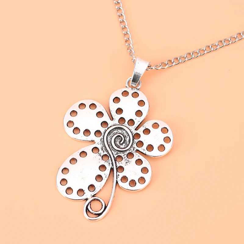1 x Xizang Silver Large Spiral Design Five Petal Flower Pendant Necklace Long Chain Lagenlook 34 Y250408