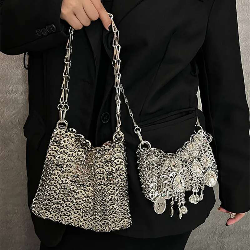 Designer Women's Trend Hand Woven Hollow Metal Chain Tote Clutch Female Travel Holiday Shoulder Bag Handbag
